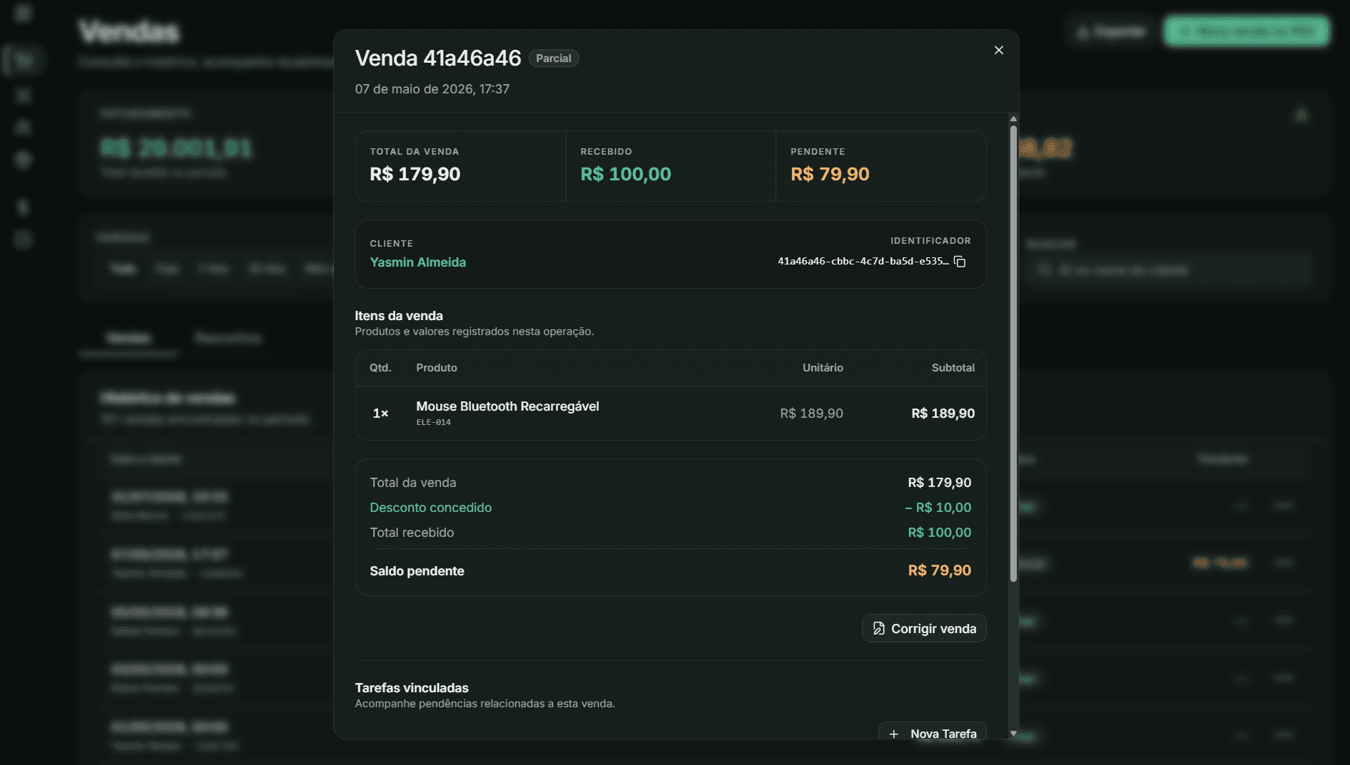 Tela de vendas do Revve com resumo financeiro, filtros e histórico de operações